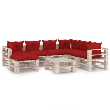 Set mobilier de gradina din paleti cu 1 masa, 1 taburet si 6 canapele cu perne, vidaXL, Lemn, 70 x 67.5 x 62 cm, Rosu