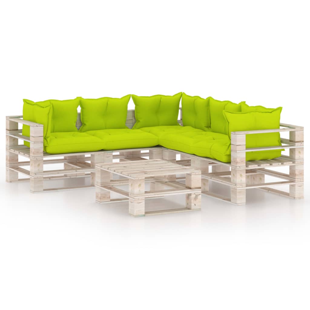 Set mobilier de gradina din paleti cu 1 masa si 5 canapele cu perne colorate, vidaXL, Lemn, 70 x 67.5 x 62cm, Verde