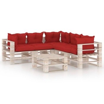 Set mobilier de gradina din paleti cu 1 masa si 5 canapele cu perne colorate, vidaXL, Lemn, 70 x 67.5 x 62 cm, Rosu