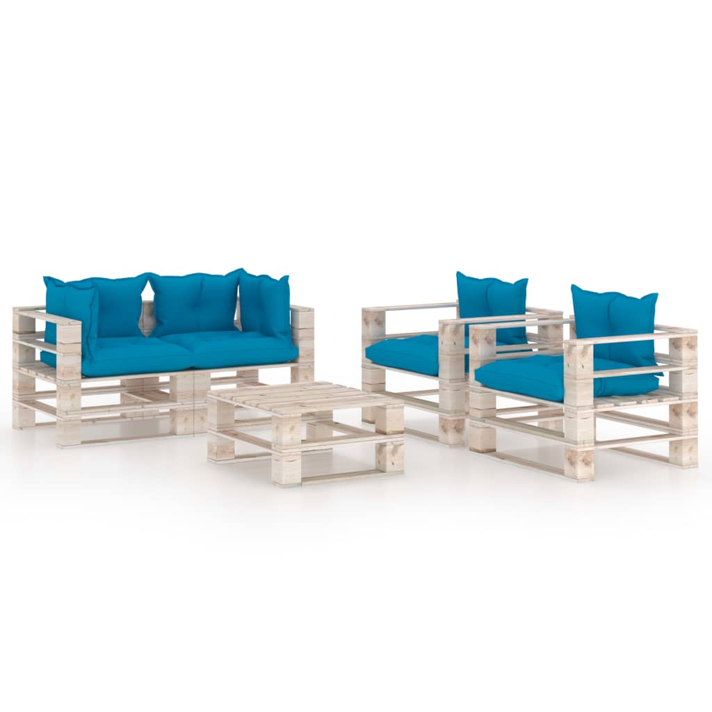 Set mobilier de gradina din paleti cu 1 masa, 2 fotolii si 2 canapele de colt cu perne, vidaXL, Lemn, 70 x 67.5 x 62cm, Albastru
