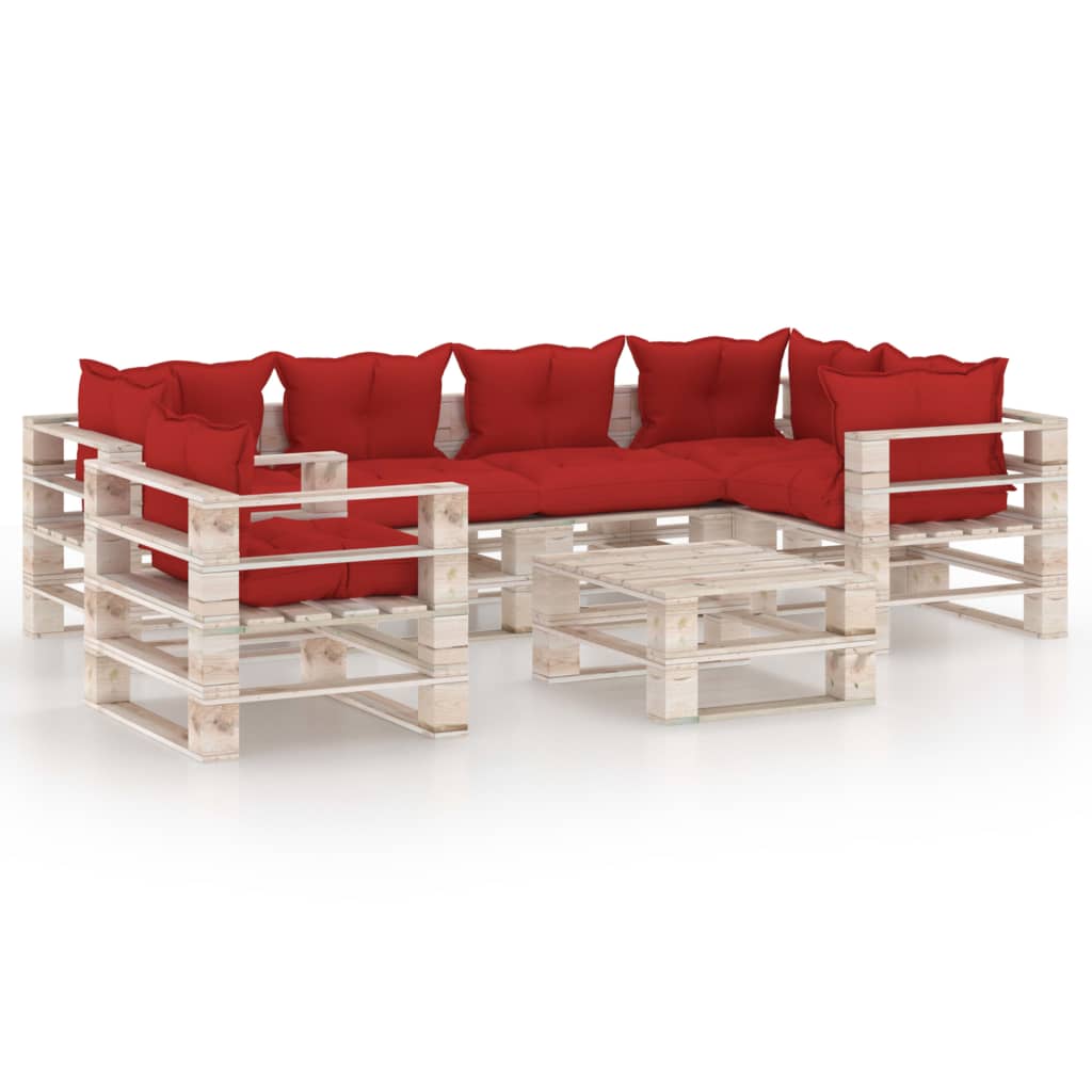 Set mobilier de gradina din paleti cu 7 piese cu perne colorate incluse, vidaXL, Lemn, 70 x 67.5 x 62 cm, Rosu