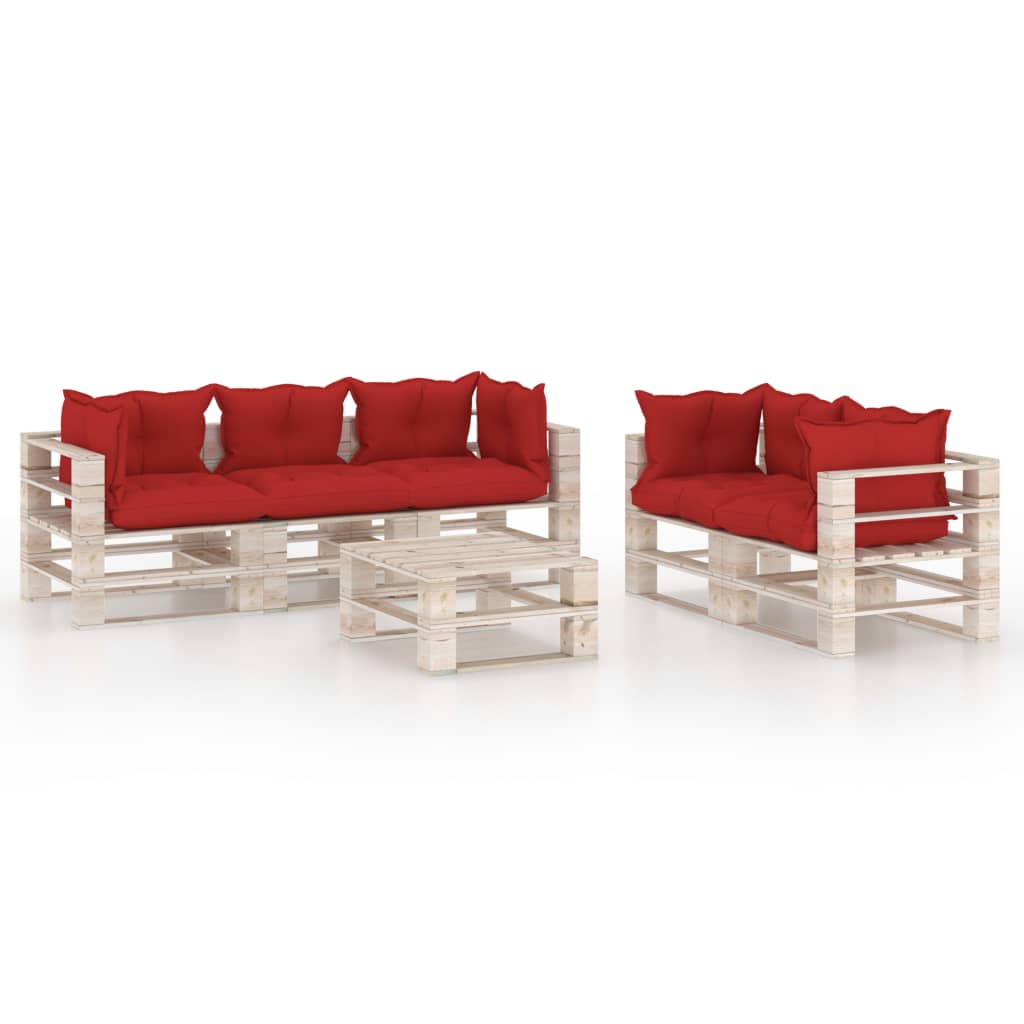Set mobilier de gradina din paleti cu 6 piese cu perne colorate, vidaXL, Lemn, 70 x 67.5 x 62 cm, Rosu