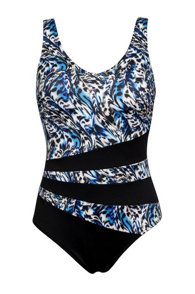 Costum de baie intreg modelator, fara sarma, model de lux pentru inot, KR50, Negru/Albastru