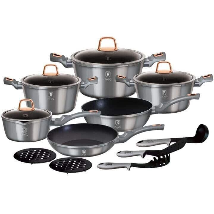Set oale si tigai marmorate, 15 piese, din aluminiu forjat Moonlight Collection Berlinger Haus BH 6022