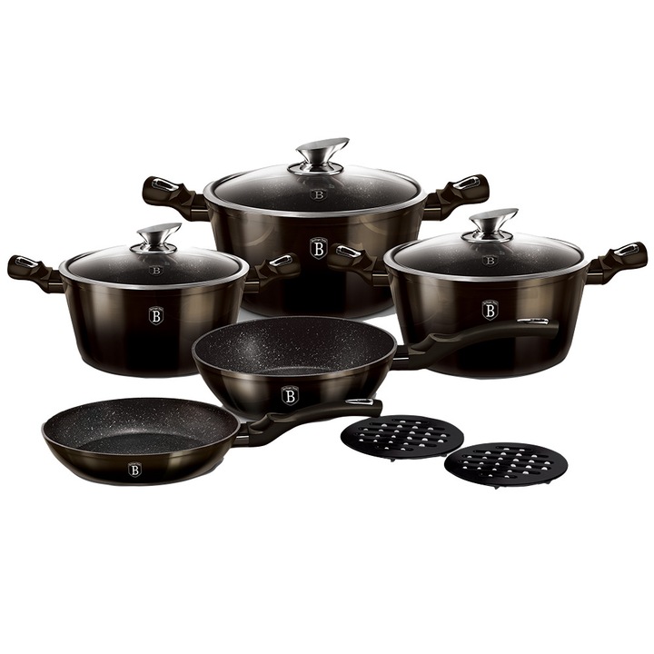 Комплект тенджери и тигани Berlinger Haus Metallic Line Shiny Black Edition BH 6615, Алуминий, Мрамор,13 части