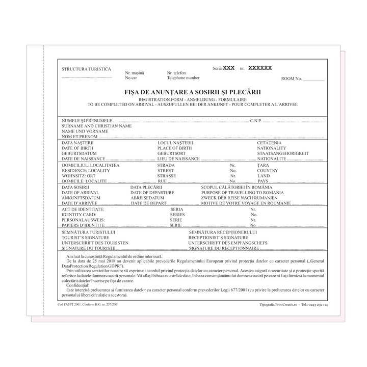 Fisa cazare de anuntare a sosirii si plecarii turistilor personalizat, cu Acord GDPR, 21x19 cm, Inseriate si Numerotate, Carnet 50 Seturi Autocopiative a 2 Exemplare per serie, cu Perfor de rupere