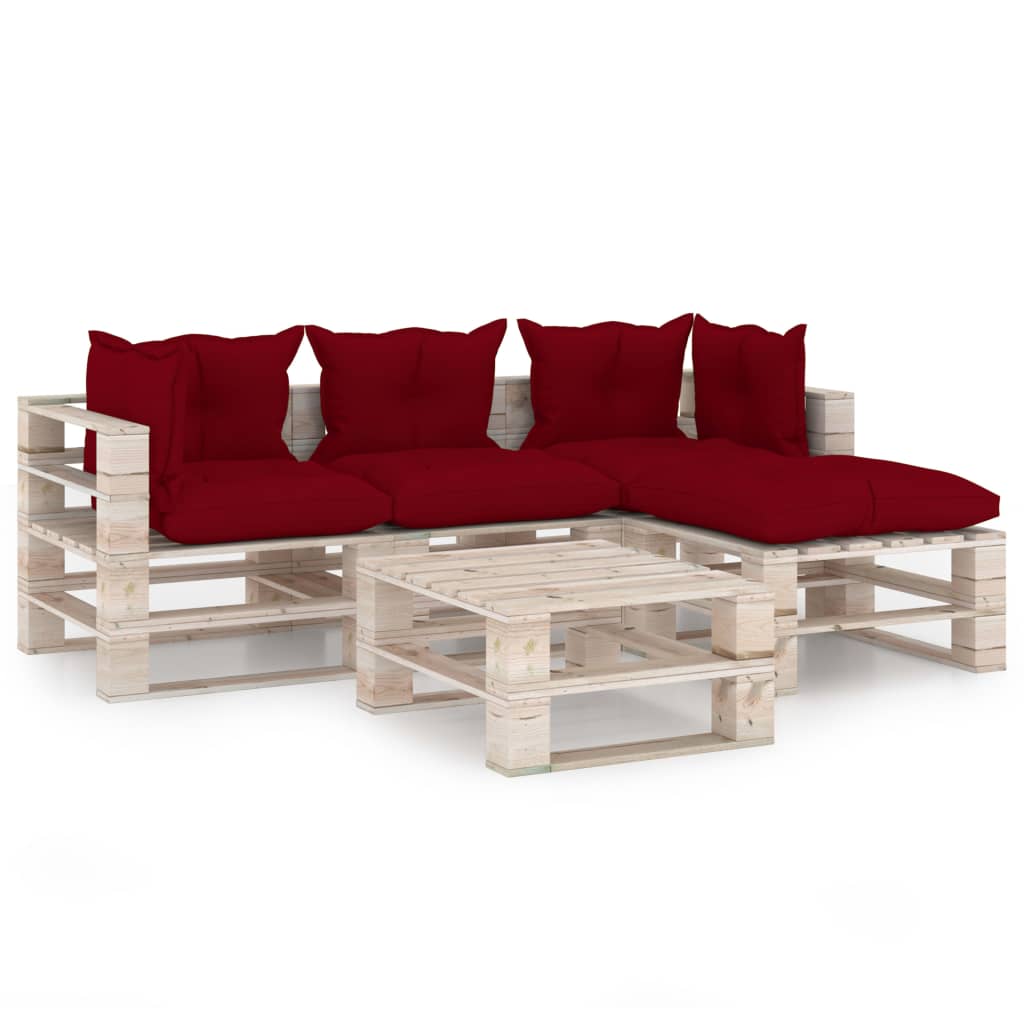 Mobilier de gradina din paleti cu 4 piese cu perne, vidaXL, Lemn, 70 x 67.5 x 62 cm, Rosu inchis