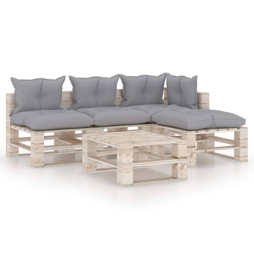 Mobilier de gradina din paleti cu 4 piese cu perne gri deschis cu masa, vidaXL, Lemn, 70 x 67.5 x 62 cm, Gri deschis