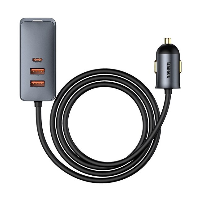 Incarcator telefon auto Baseus, cu prelungitor, 2x USB-C, 120W, argintiu