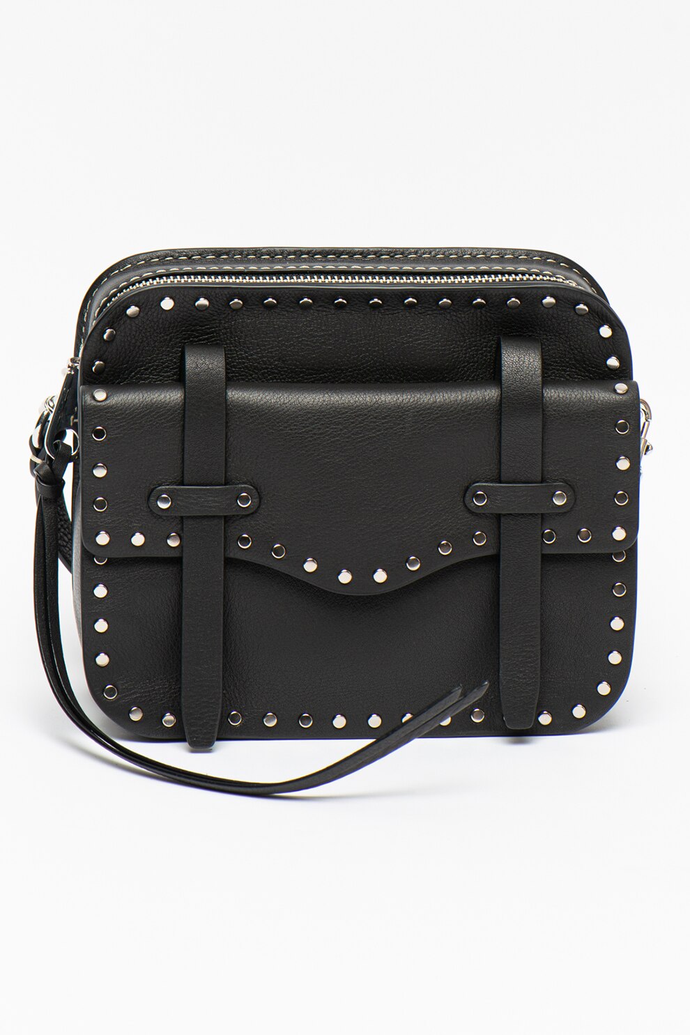 Rebecca Minkoff, Geanta crossbody de piele cu nituri Nanine, Negru/Argintiu