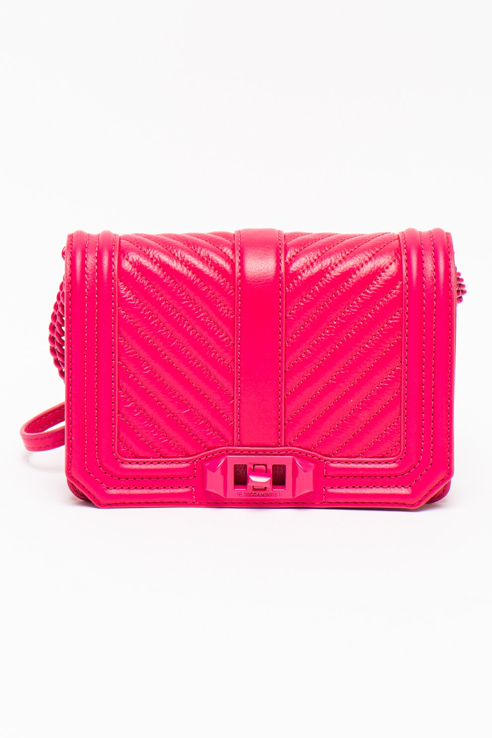 Rebecca Minkoff, Geanta crossbody mica de piele cu aspect matlasat Love, Fucsia
