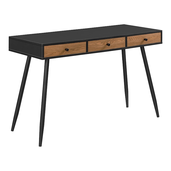 [en.casa] Íróasztal Tumba 75 x 115 x 48 cm sminkasztal 3 fiókkal forgácslap/fém fekete/fa-hatású, sötét árnyalat
