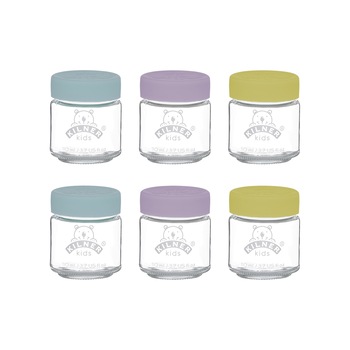 Set 6 mini borcane cu capac pentru hrana copii, Kilner, Bear, 110 ml, sticla, transparent Set 6 mini borcane cu capac pentru hrana copii, Kilner, Bear, 110 ml, sticla, transparent