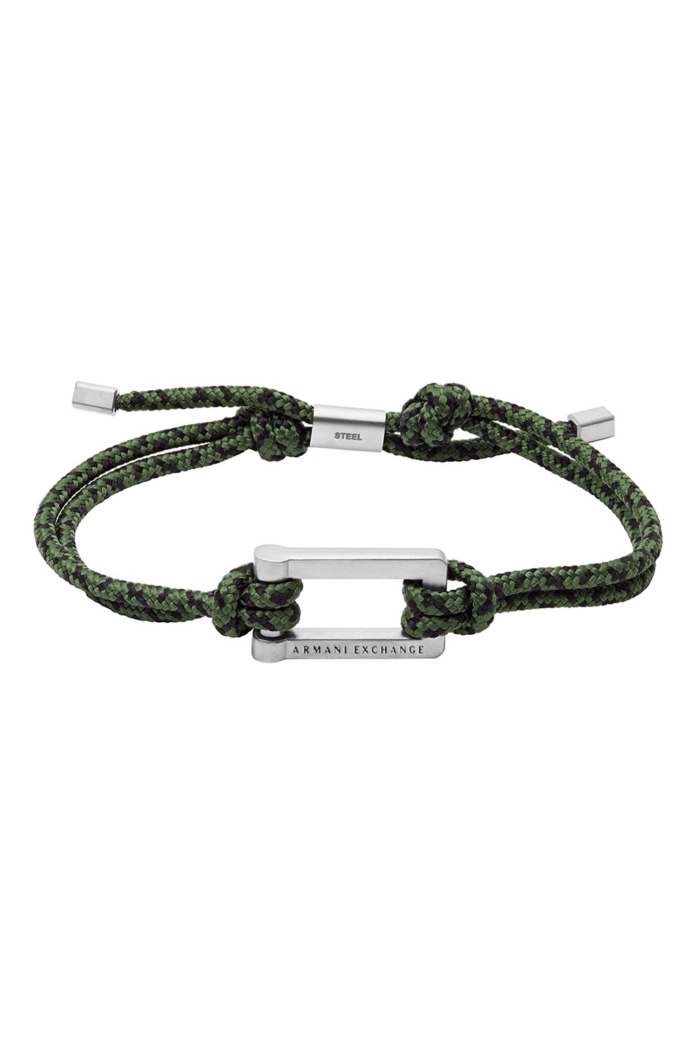 ARMANI EXCHANGE, Bratara textila cu detalii de otel inoxidabil, Verde inchis/Negru/Argintiu