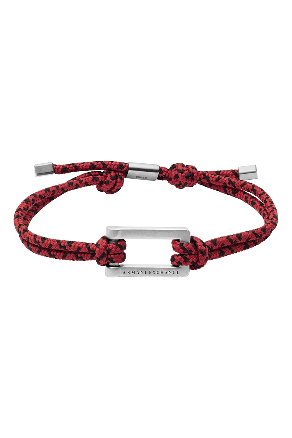 ARMANI EXCHANGE, Bratara textila cu detalii de otel inoxidabil, Rosu inchis/Negru/Argintiu