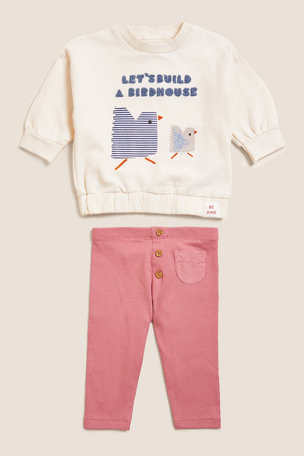 Marks & Spencer, Set de bluza si colanti cu model, Roz/Alb