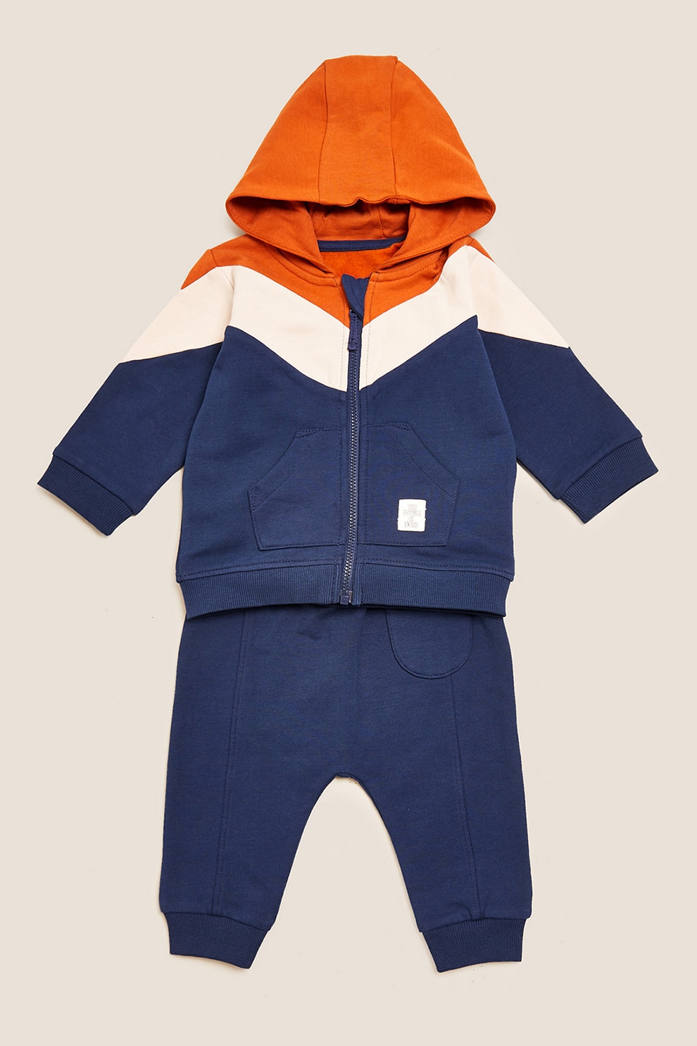Marks & Spencer, Set de hanorac si pantaloni sport cu model colorblock - 2 piese, Bleumarin/Oranj stins, 62 CM