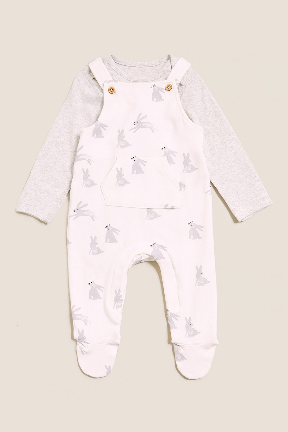 Marks & Spencer, Set de salopeta cu botosei si body cu imprimeu, Gri deschis melange/Alb