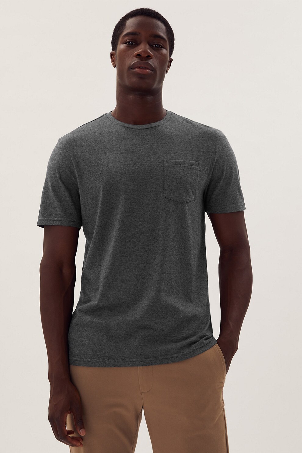 Marks & Spencer, Tricou din bumbac cu decolteu la baza gatului si buzunar pe piept, Gri inchis, S