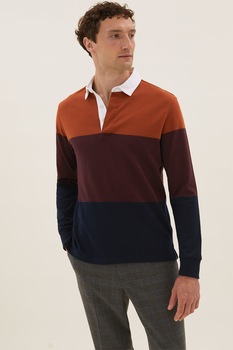 Marks & Spencer, Bluza polo cu model colorblock, Rosu caramiziu/maro coniac/bleumarin inchis Marks & Spencer, Bluza polo cu model colorblock, Rosu caramiziu/maro coniac/bleumarin inchis