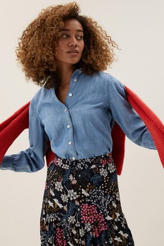 Marks & Spencer, Camasa din lyocell cu garnituri cu volane, Albastru prafuit Marks & Spencer, Camasa din lyocell cu garnituri cu volane, Albastru prafuit