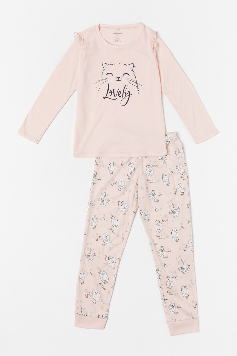 Sofiaman, Pijama cu maneci lungi, din bumbac organic, Roz/Negru/Alb, 122 CM