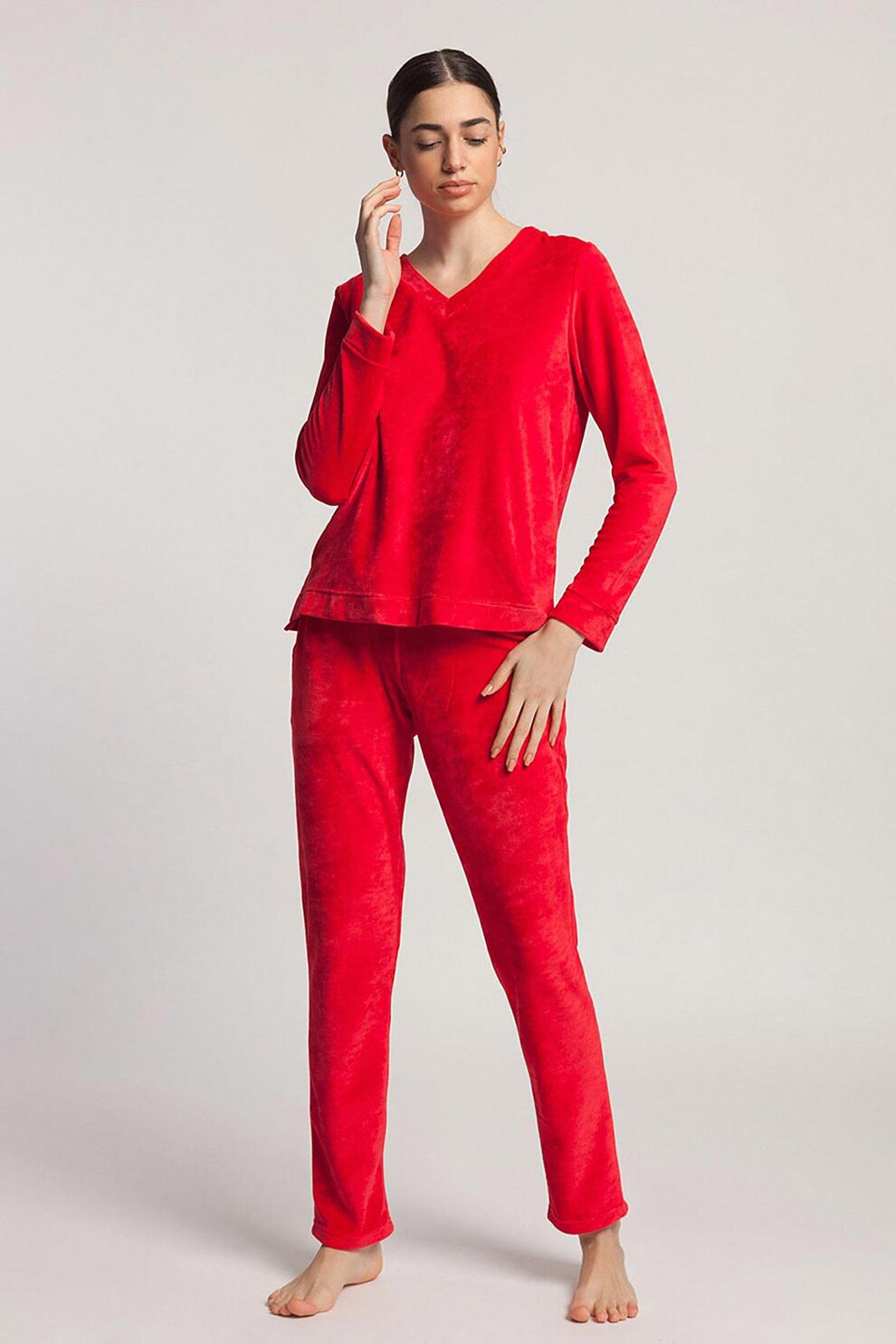 Sofiaman, Pijama cu pantaloni lungi, de catifea Edith, Rosu, 3XL