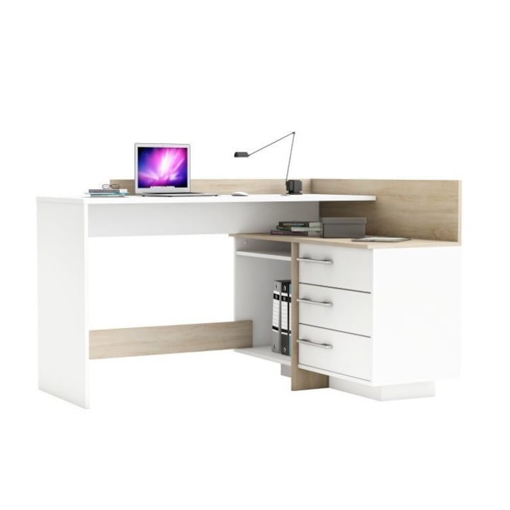 TALE V NEW Sarok számítógépasztal, fehér/sonoma tölgyfa