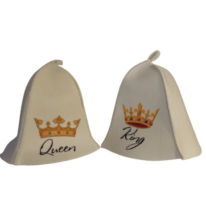 Set de doua palarii de lana pentru sauna World of hats King si Queen, alb