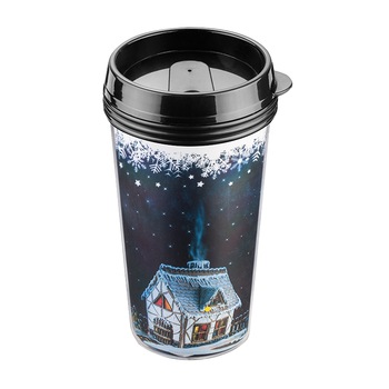 Cana termos cu capac, Peisaj de Craciun, LT100, Negru, 450ml Cana termos cu capac, Peisaj de Craciun, LT100, Negru, 450ml