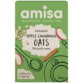 Porridge din ovaz cu mar si scortisoara fara gluten bio Amisa, 300g Porridge din ovaz cu mar si scortisoara fara gluten bio Amisa, 300g