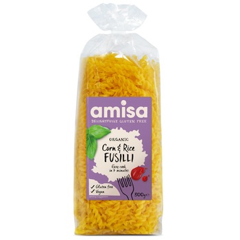 Fusilli din orez si porumb fara gluten bio Amisa, 500g Fusilli din orez si porumb fara gluten bio Amisa, 500g