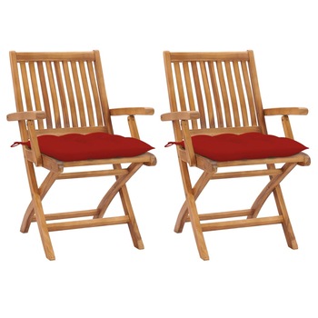 Set de 2 scaune de gradina cu manere cu perne incluse, vidaXL, Lemn de tec, 56 x 58 x 88 cm, Rosu Set de 2 scaune de gradina cu manere cu perne incluse, vidaXL, Lemn de tec, 56 x 58 x 88 cm, Rosu