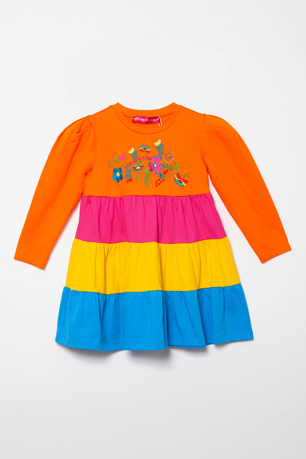 Agatha Ruiz de la Prada, Rochie de bumbac cu maneci bufante, Oranj/Albastru/Galben