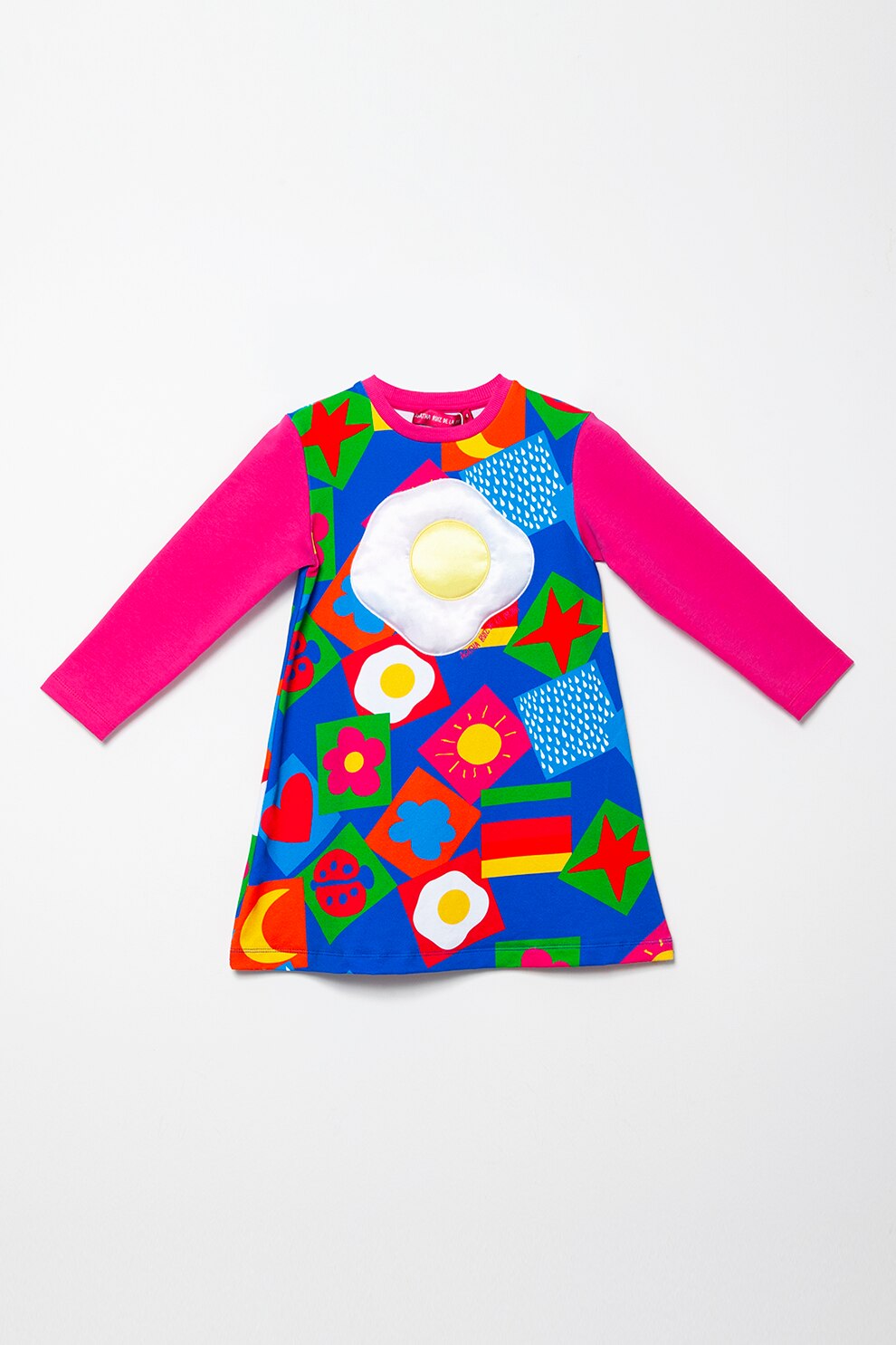 Agatha Ruiz de la Prada, Rochie cu imprimeu grafic, croiala in A si maneci contrastante, Fucsia/Albastru/Galben