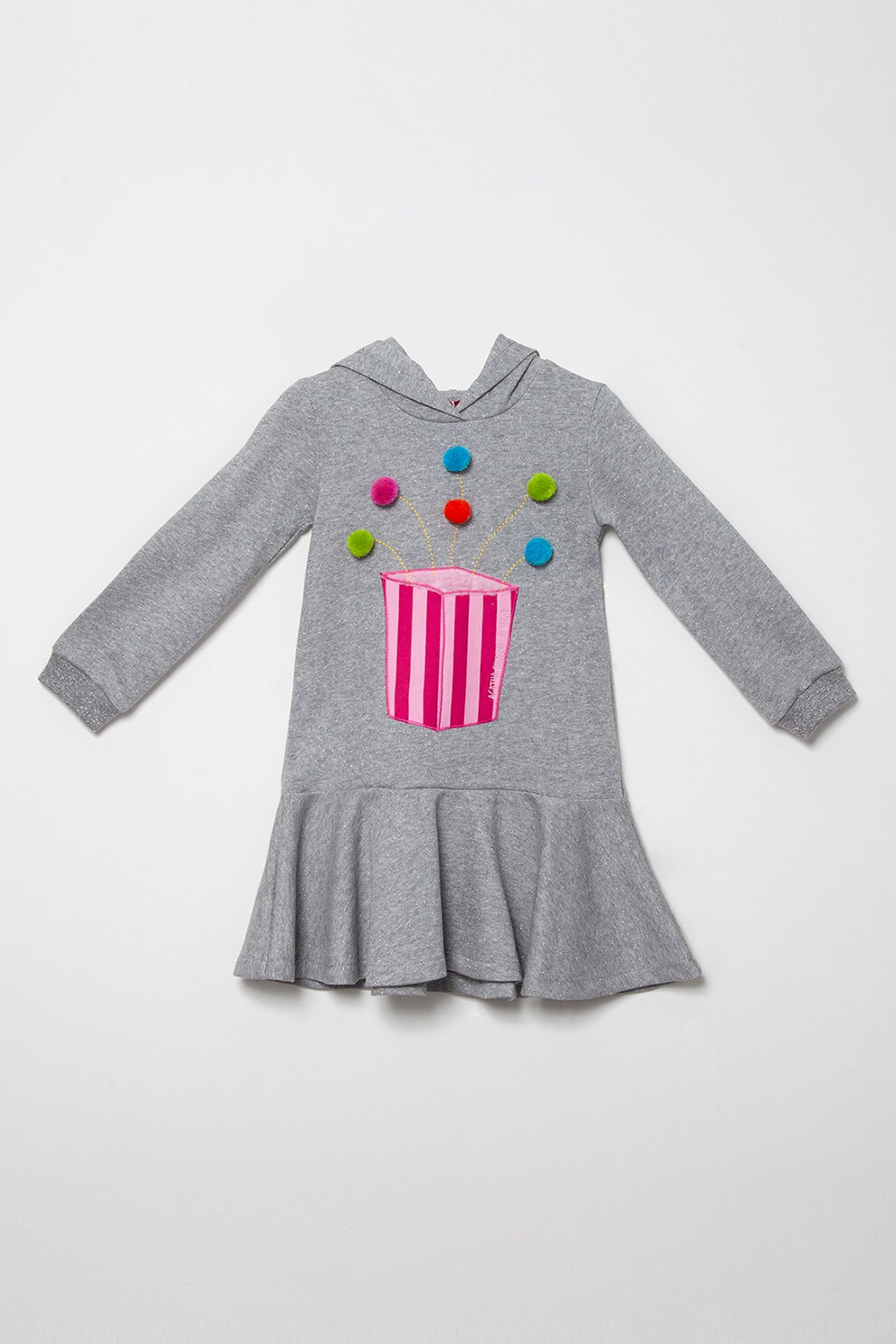 Agatha Ruiz de la Prada, Rochie cu gluga, terminatie evazata si aplicatii, gri melange inchis, fucsia, albastru