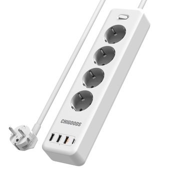 Prelungitor cu protectie, Chigoods, 4 Prize, 1.8m, 1 x Type-C PD20W, 1 x USB QC3.0, 2 x USB, Alb Prelungitor cu protectie, Chigoods, 4 Prize, 1.8m, 1 x Type-C PD20W, 1 x USB QC3.0, 2 x USB, Alb