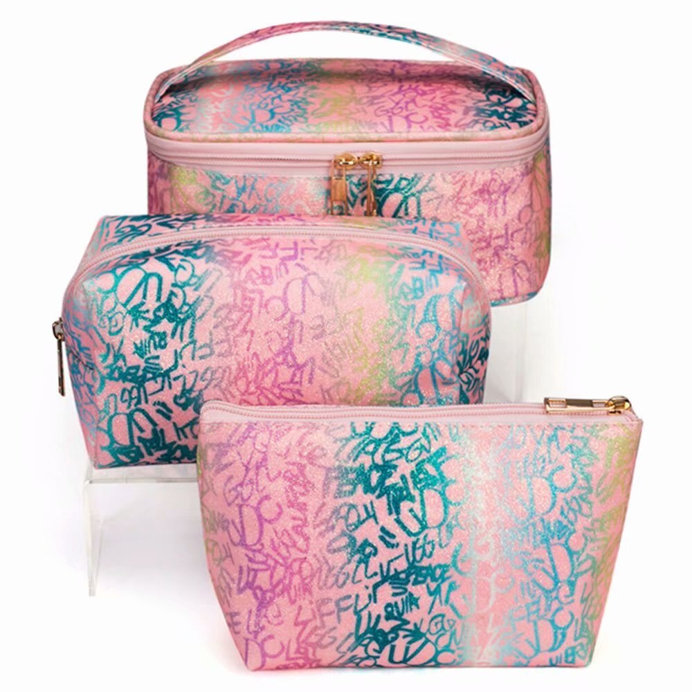 Set 3 genti cosmetice, Impermeabil, Textil, Inchidere cu fermoar, Roz