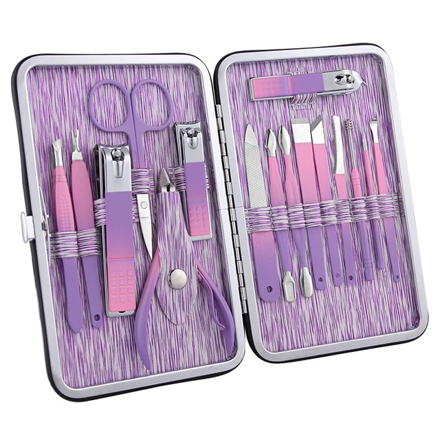 Trusa manichiura profesionala 16 piese, pentru manichiura, pedichiura, cu etui depozitare, Amtok, Violet