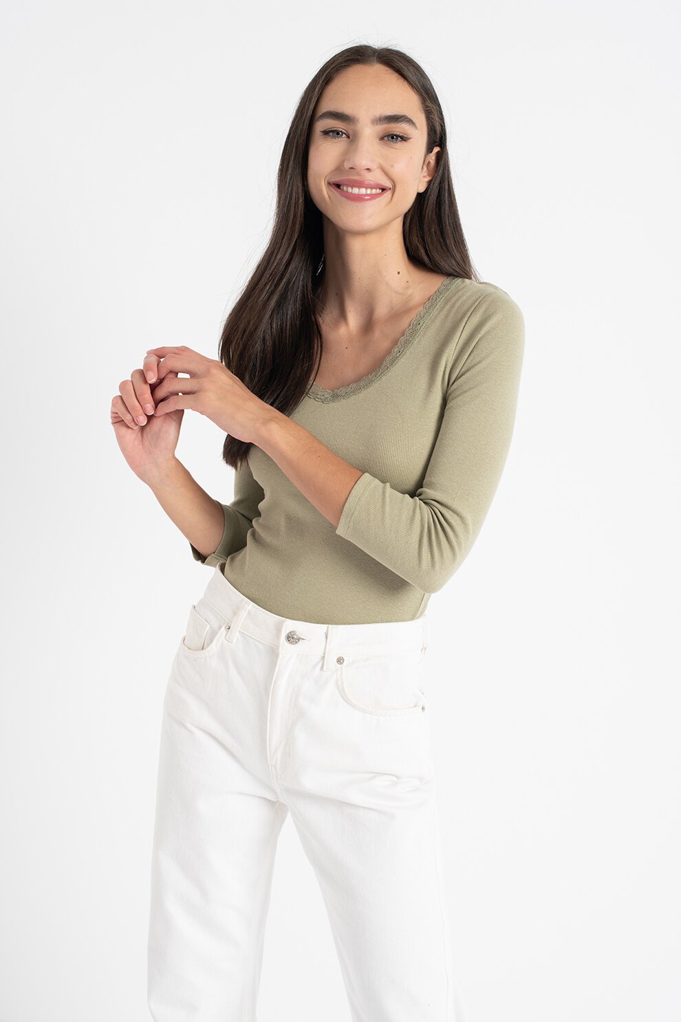 Haily's, Bluza din amestec de modal cu decolteu in V Lona, Verde sparanghel
