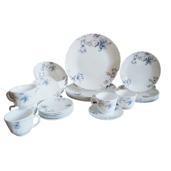 Serviciu de masa, 30 piese, farfurii boluri si cesti, gri/bleu, satinat Serviciu de masa, 30 piese, farfurii boluri si cesti, gri/bleu, satinat