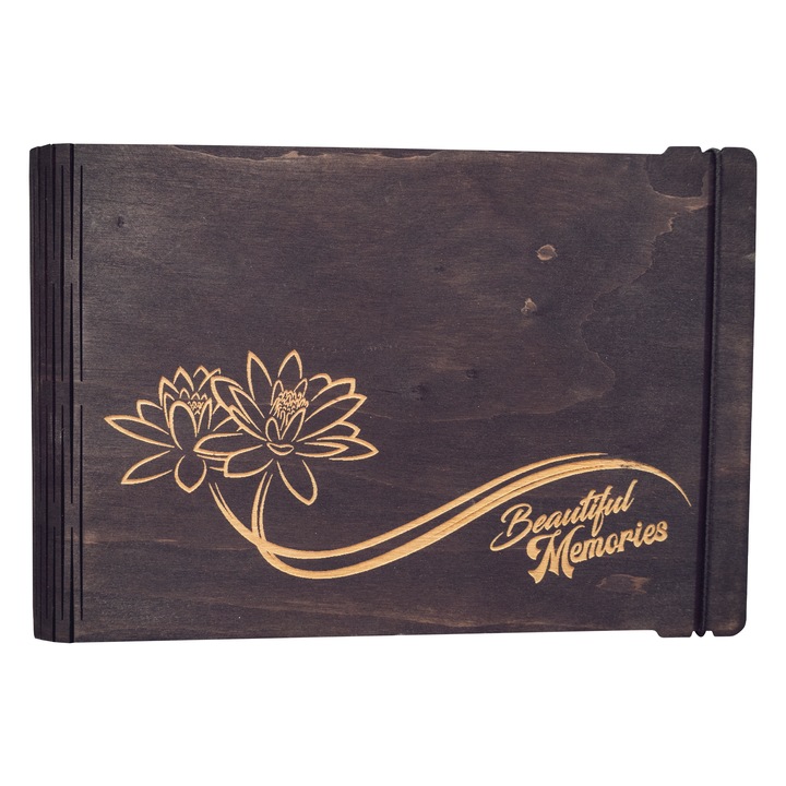 Album foto A5 din lemn, VintageBox, "Floare de lotus - Beautiful Memories ", negru