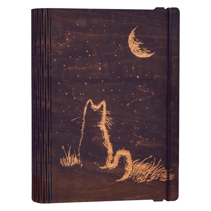 Agenda A5 din lemn personalizata prin gravura, VintageBox, Singur in Noapte, nuc foarte inchis