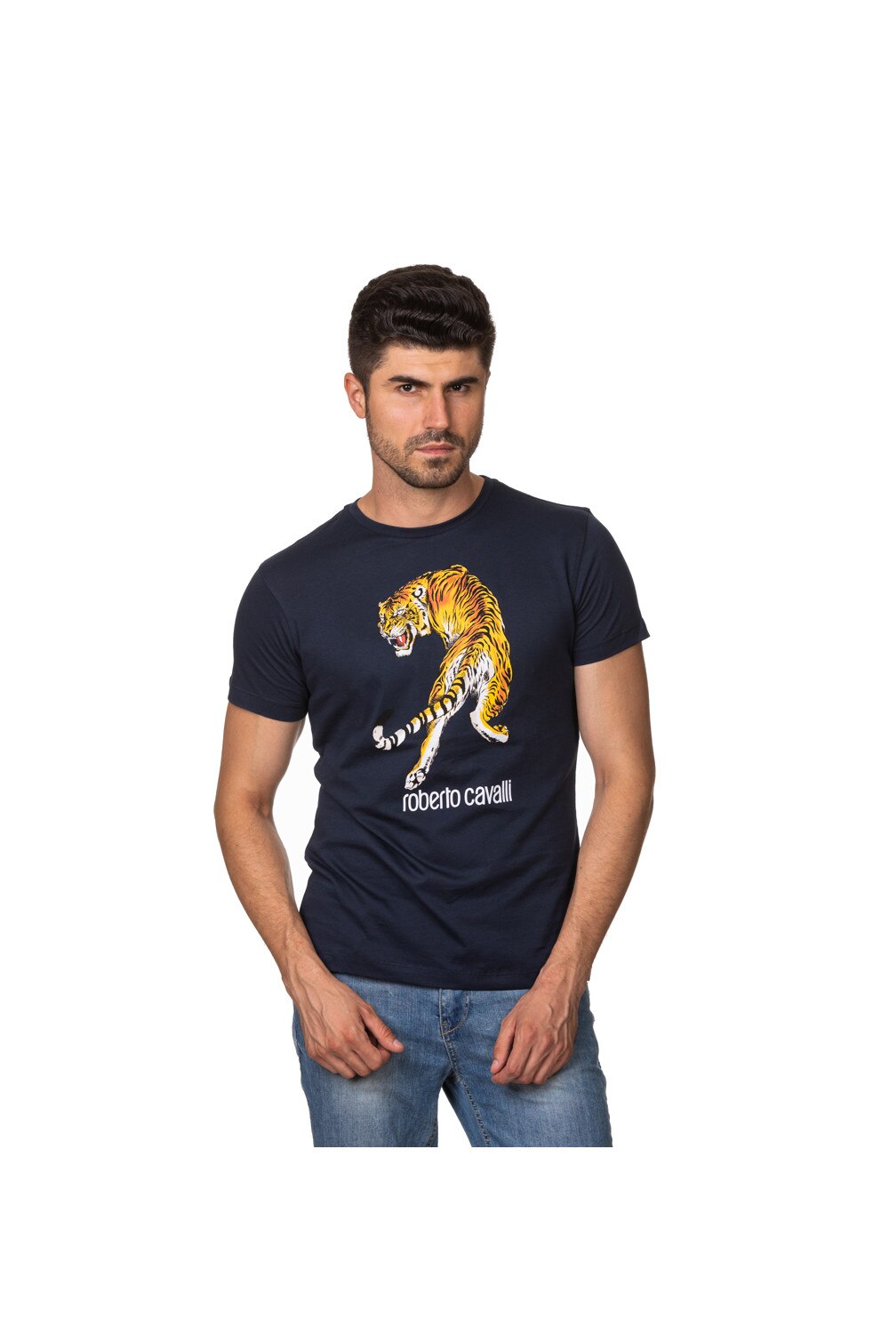 Tricou Roberto Cavalli , model , rotund , bumbac, albastru inchis ,L