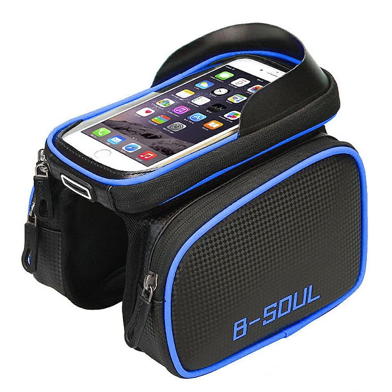 Borseta bicicleta cu suport pentru telefon si buzunare laterale, functie touchscreen, impermeabil, Negru Albastru, BBL2852
