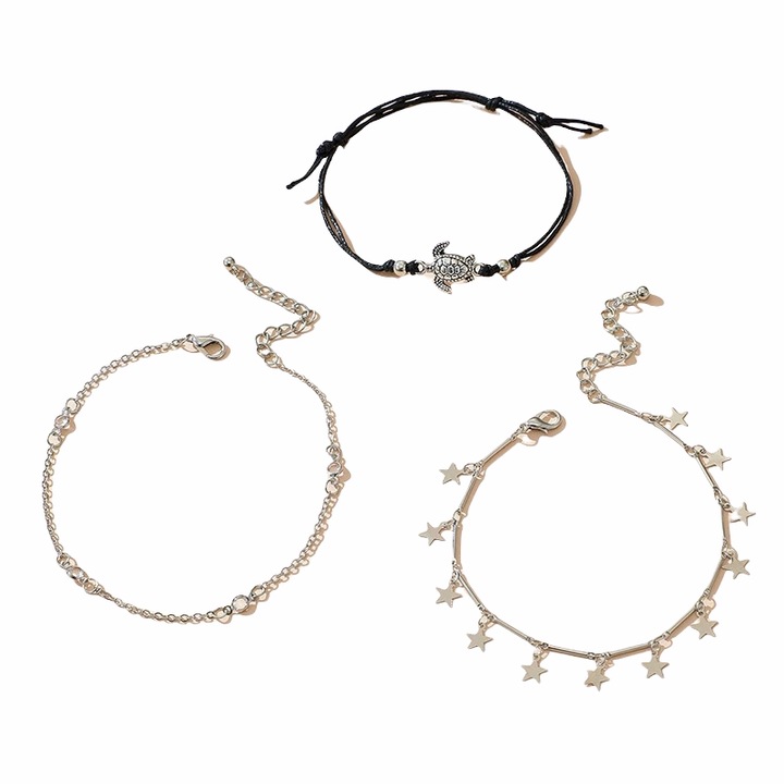 Set 3 bratari de picior, argintii, cu stelute, Duncan C3, Pursehuit