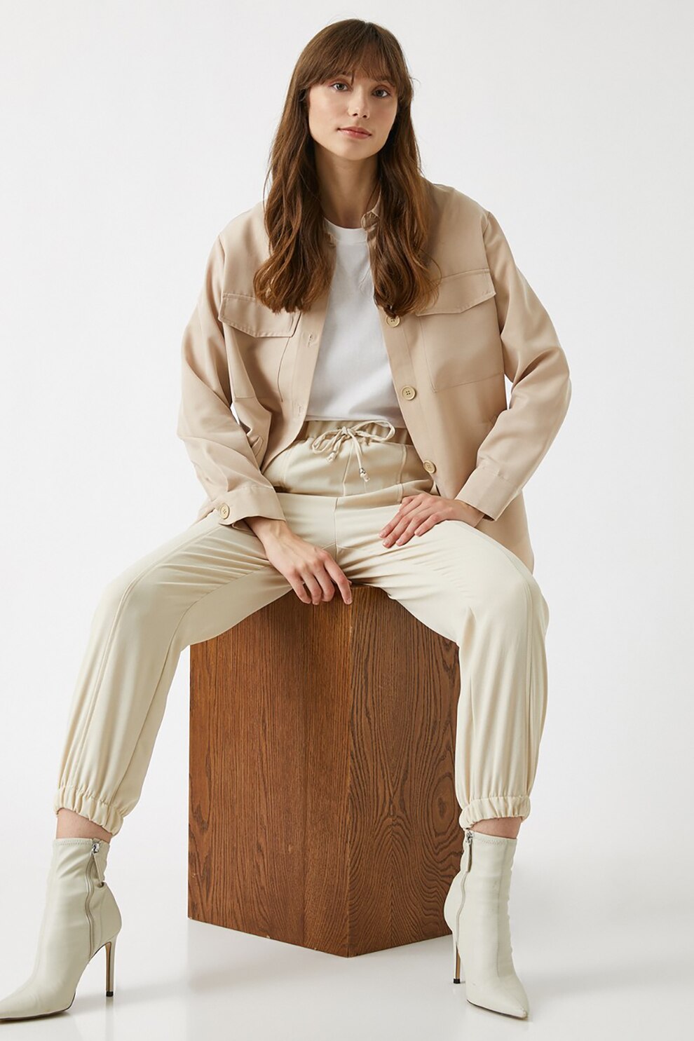 KOTON, Pantaloni cu talie inalta si snur, Alb fildes