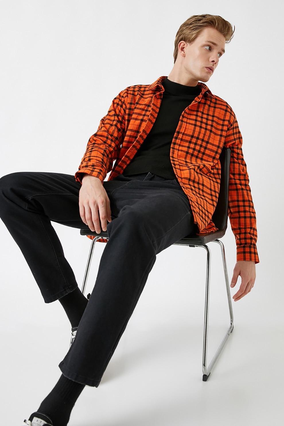 KOTON, Camasa regular fit in carouri, Oranj/Negru