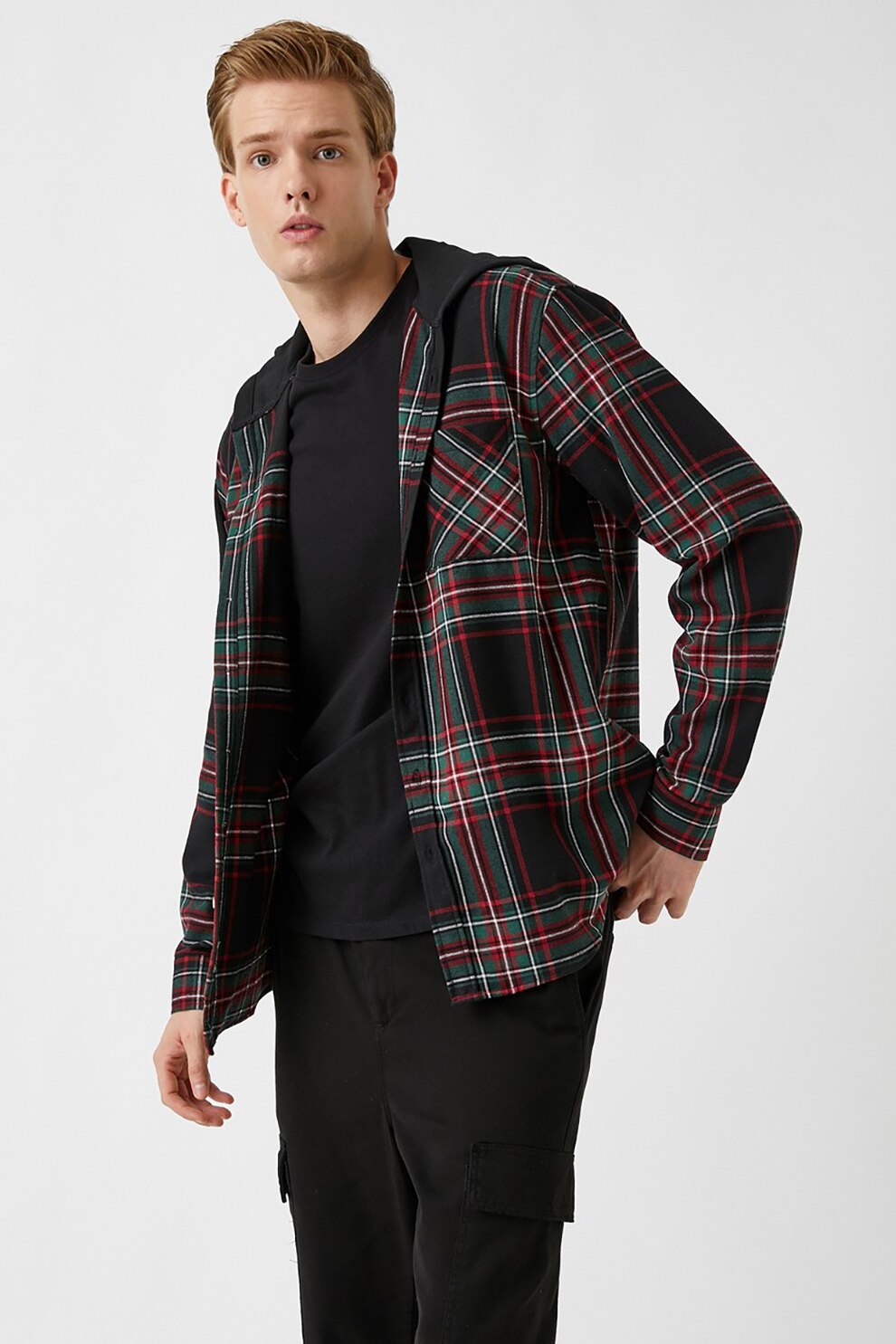 KOTON, Jacheta-camasa cu gluga si dungi, Negru/Rosu/Verde