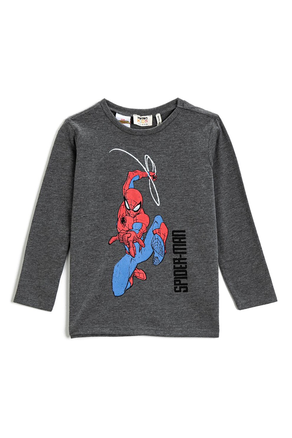 KOTON, Bluza cu decolteu la baza gatului si imprimeu Spiderman, Gri inchis melange/rosu/albastru